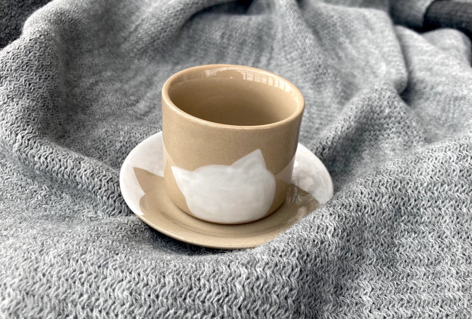 Handmade Ceramic Cat Espresso Cup with Saucer: Pottery For Cat Mom (3.5oz)